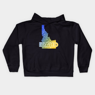 Colorful mandala art map of Idaho with text in blue and yellow Kids Hoodie